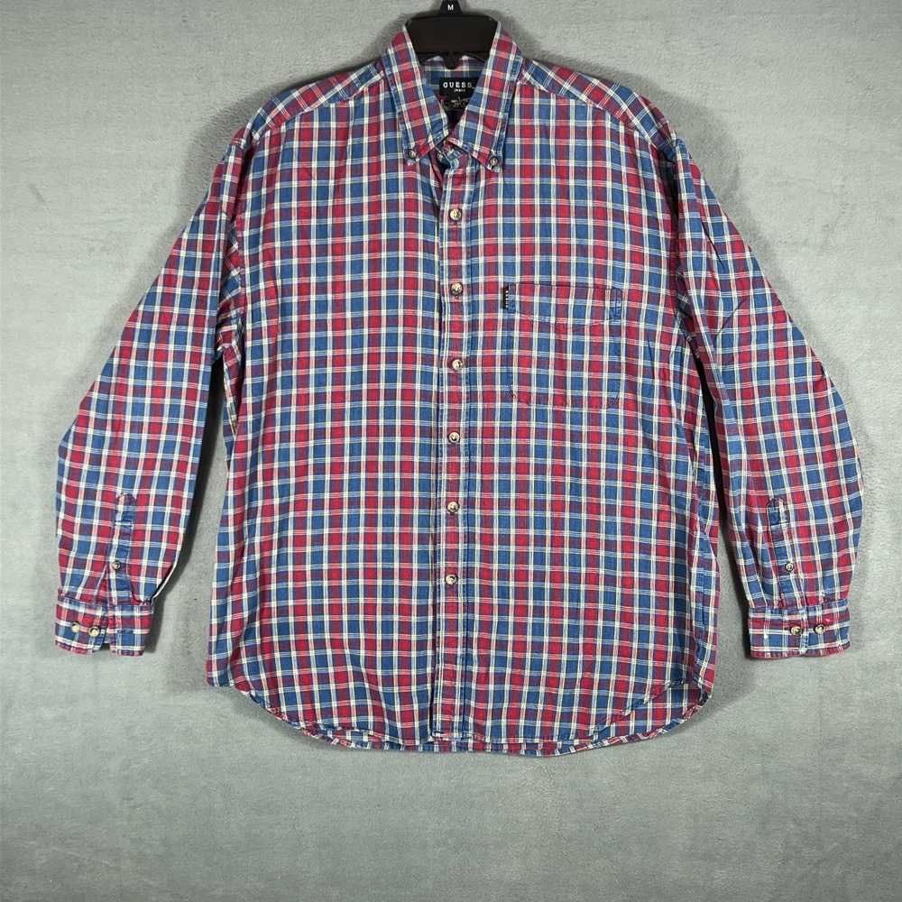 Guess Mens Button Down Shirt L Blue Red Plaid Vintage Y2K Long Sleeve Pocket